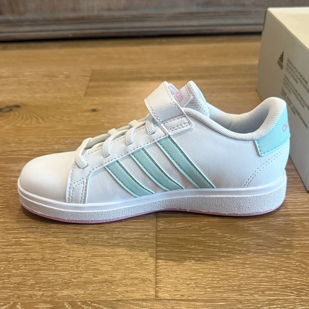 Adidas Kids White Sneakers with Mint Stripes